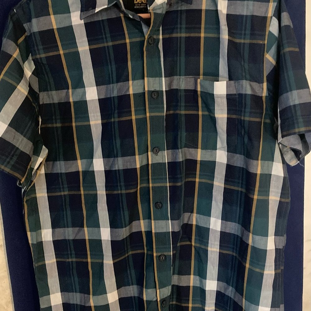 LEES shirt mens (M)(BLUE/GREEN/WHITE) (SHORT SLEEVES)(BUTTON DOWN) (PLAID)